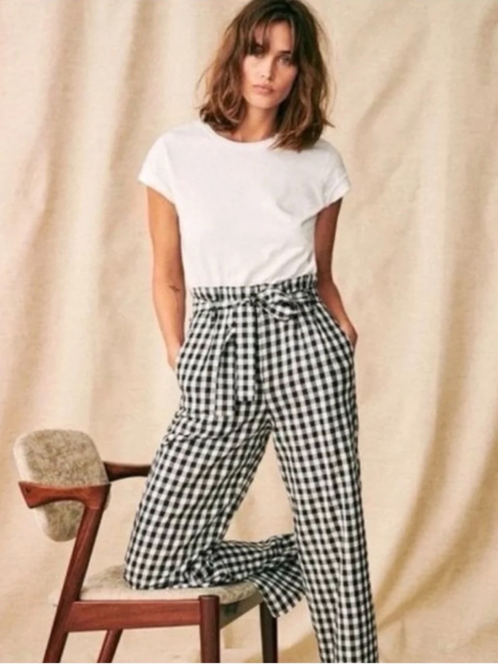 Sezane Arthur 100% Cotton Check Pantalon. 36